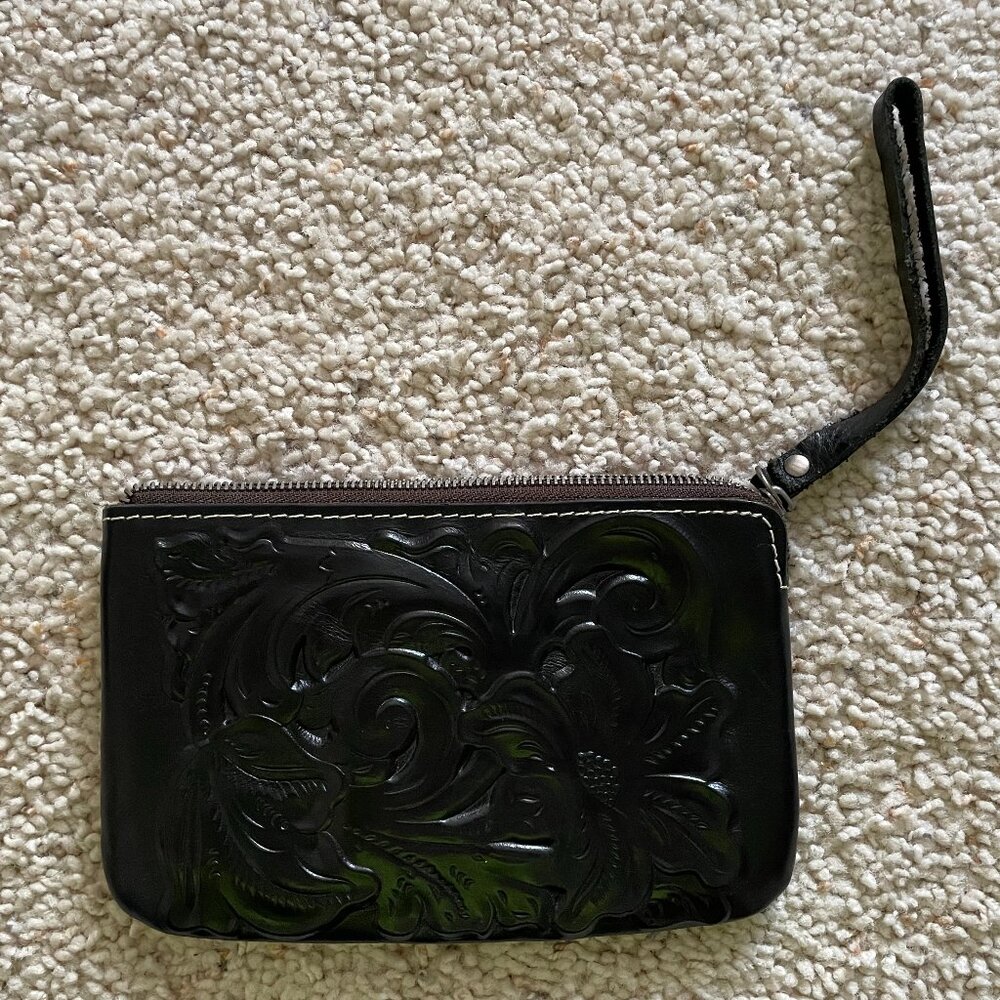 Patricia Nash Leather Embossed Wristlet - Black Floral Pattern